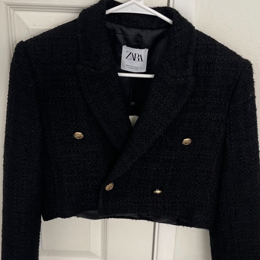 ZARA Black Cropped Textured Tweed Blazer With Gold Buttons